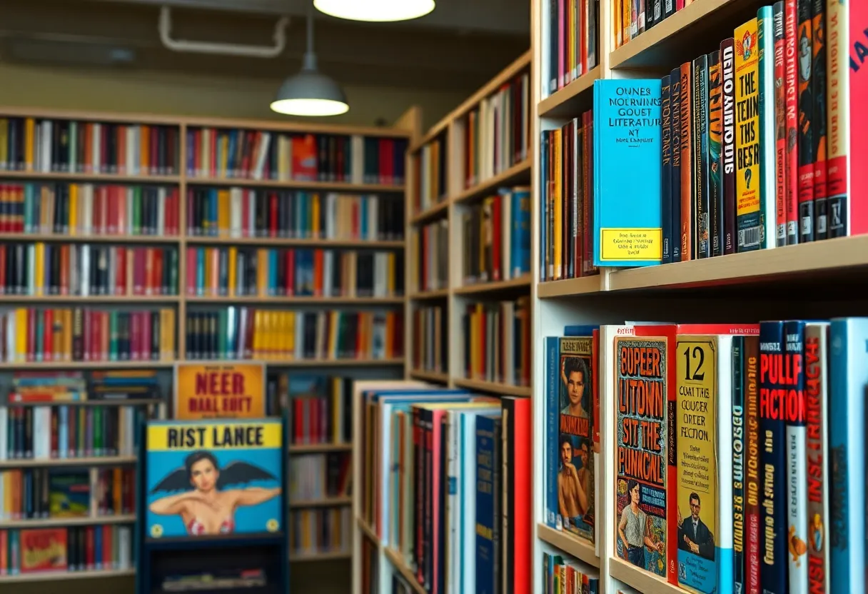 A collection of queer pulp fiction books on a library shelf.
