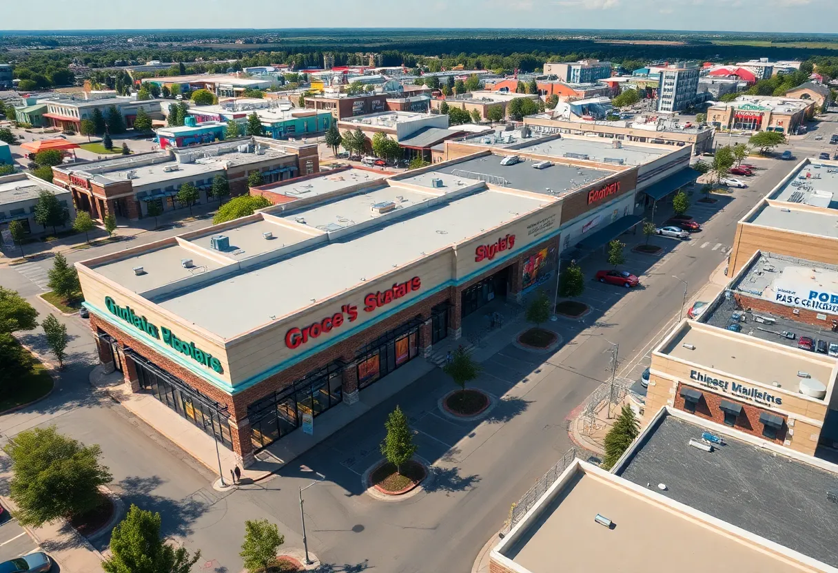 Aerial view of a grocery-anchored retail center bustling with activity.