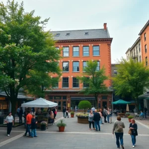 A vibrant view of Cathedral Square in Providence, including greenery and shops.