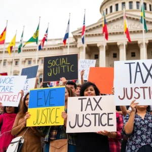 Advocates rallying for a tax increase on wealthy residents in front of the Rhode Island State House.