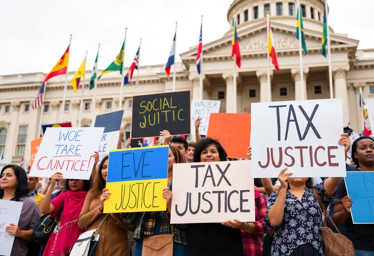 Advocates rallying for a tax increase on wealthy residents in front of the Rhode Island State House.