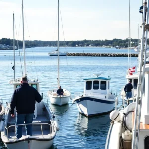 Boats moored in a Rhode Island harbor with fishermen nearby