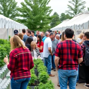 Crowd at the Rhode Island Cannabis Grower's Showcase surrounded by cannabis products