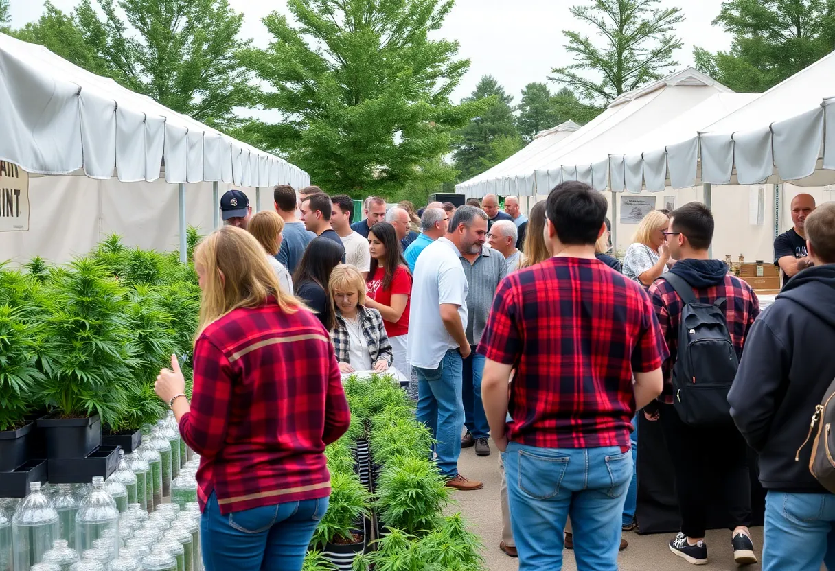 Crowd at the Rhode Island Cannabis Grower's Showcase surrounded by cannabis products