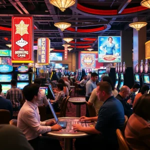 A vibrant casino with marketing displays and patrons playing games