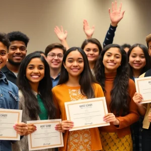 Students receiving Civic Leadership Awards at the State House