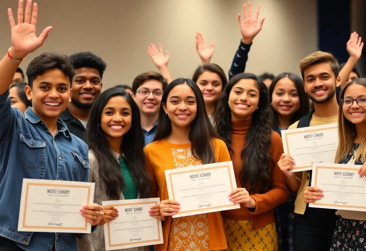 Students receiving Civic Leadership Awards at the State House