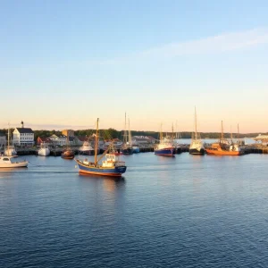 Coastal view of Rhode Island with boats