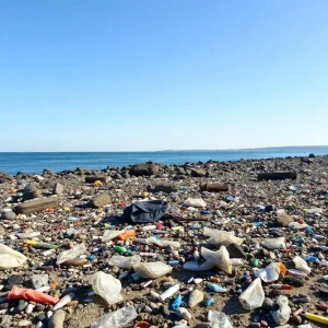 Litter on the coastline of Rhode Island highlighting environmental concerns.