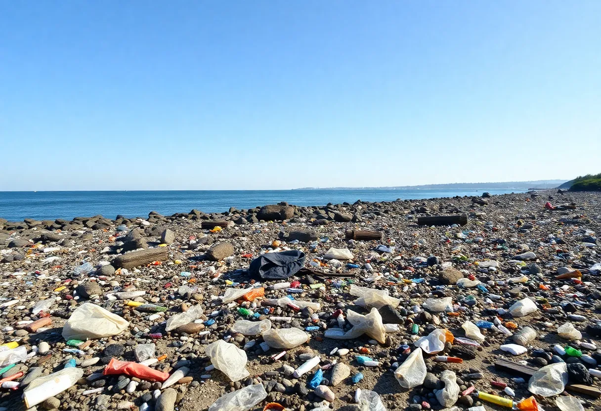 Litter on the coastline of Rhode Island highlighting environmental concerns.