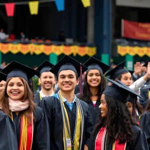 Graduates celebrating at Rhode Island College commencement ceremony.