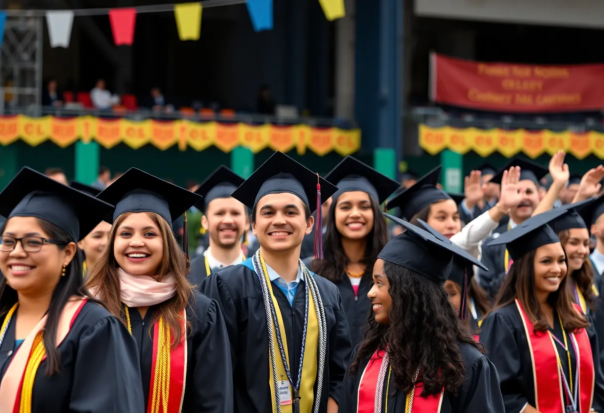 Graduates celebrating at Rhode Island College commencement ceremony.