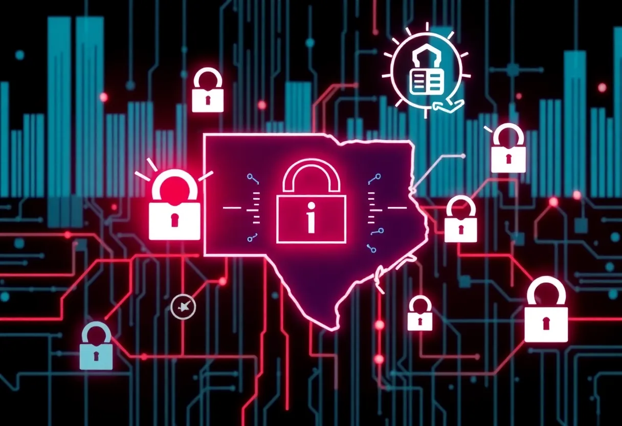 Visual representation of a cyberattack affecting social services in Rhode Island.