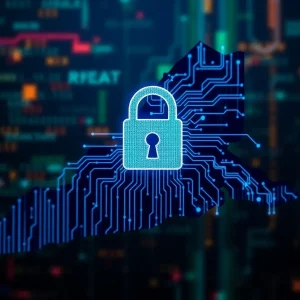 Symbol of data privacy with digital lock and Rhode Island outline