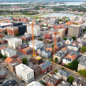 Aerial view of Rhode Island showing construction and city activity.