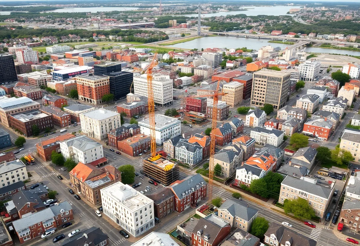 Aerial view of Rhode Island showing construction and city activity.