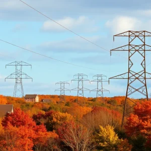 Scenic view of Rhode Island with electric power lines.