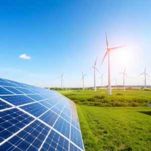 Conceptual image of solar panels and wind turbines symbolizing energy efficiency.