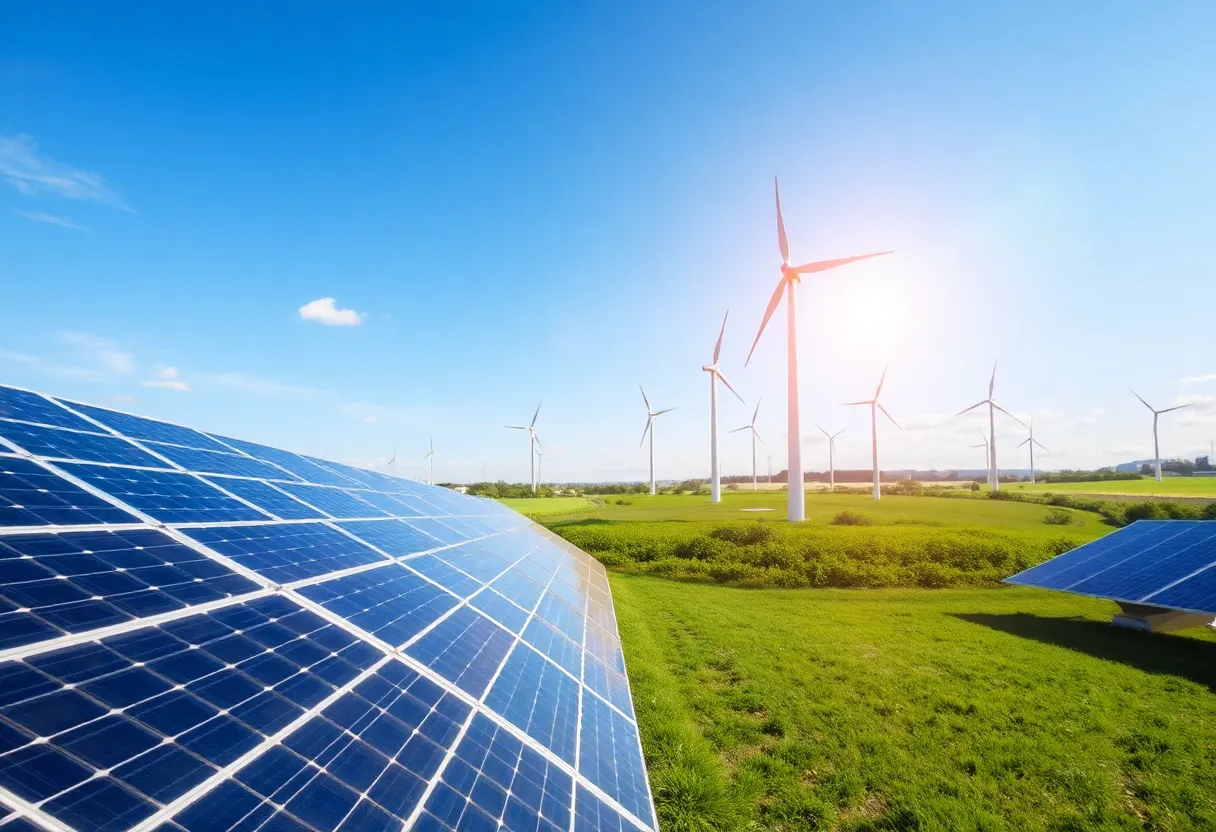 Conceptual image of solar panels and wind turbines symbolizing energy efficiency.