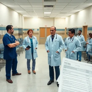 Medical staff discussing urgent healthcare issues in a facility