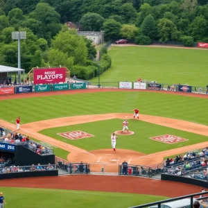 Fans cheering at a baseball field during the Rhode Island playoffs
