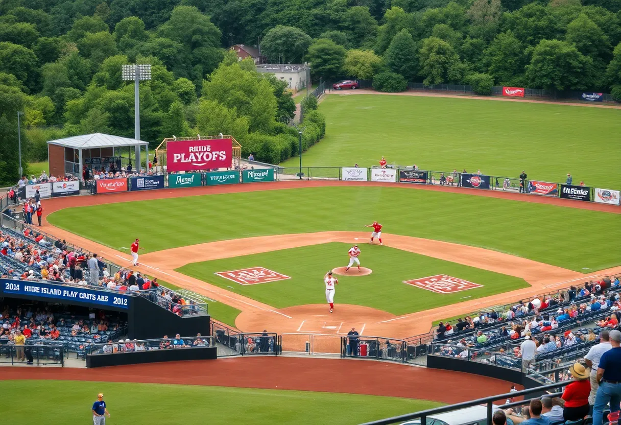 Fans cheering at a baseball field during the Rhode Island playoffs