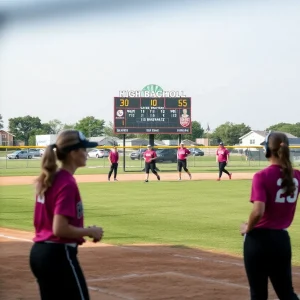High school softball players practicing on the field