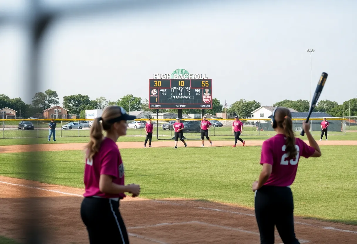High school softball players practicing on the field