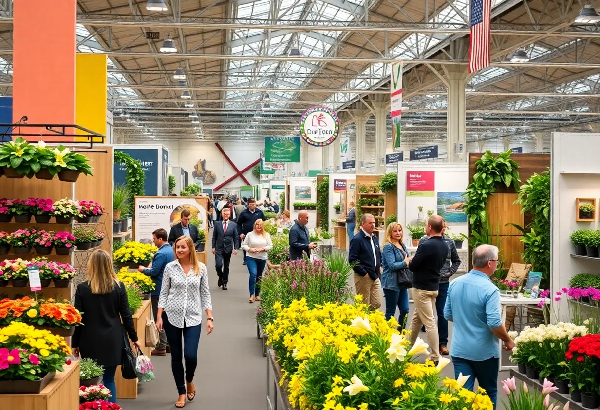 Attendees exploring the Rhode Island Home Show with exhibitors showcasing home improvement and gardening displays.