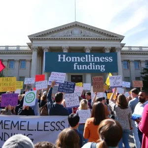 Advocates rallying outside the Rhode Island State House for homelessness funding