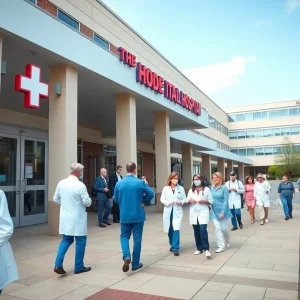 Exterior view of a Rhode Island hospital amidst a healthcare crisis