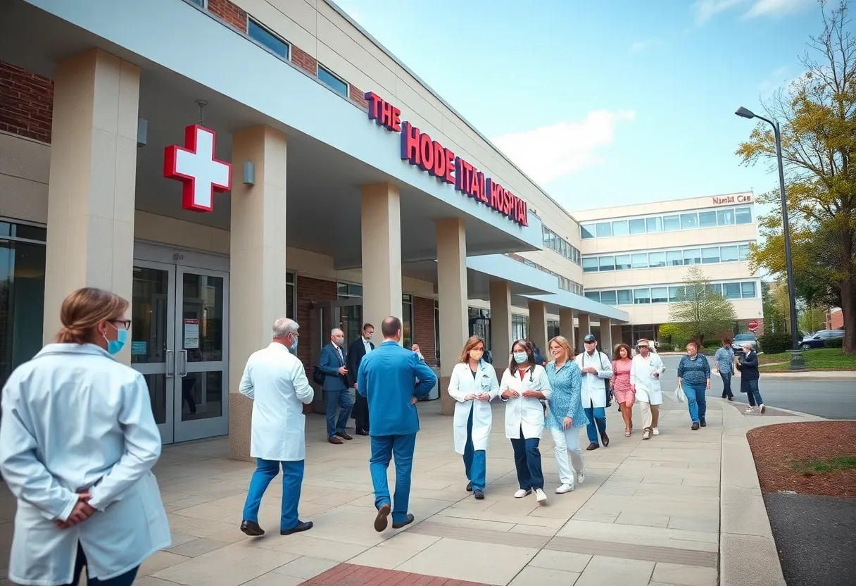 Exterior view of a Rhode Island hospital amidst a healthcare crisis