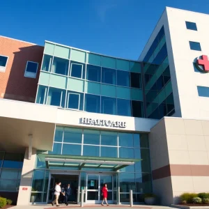 Entrance of a hospital in Providence, Rhode Island with people entering and exiting.