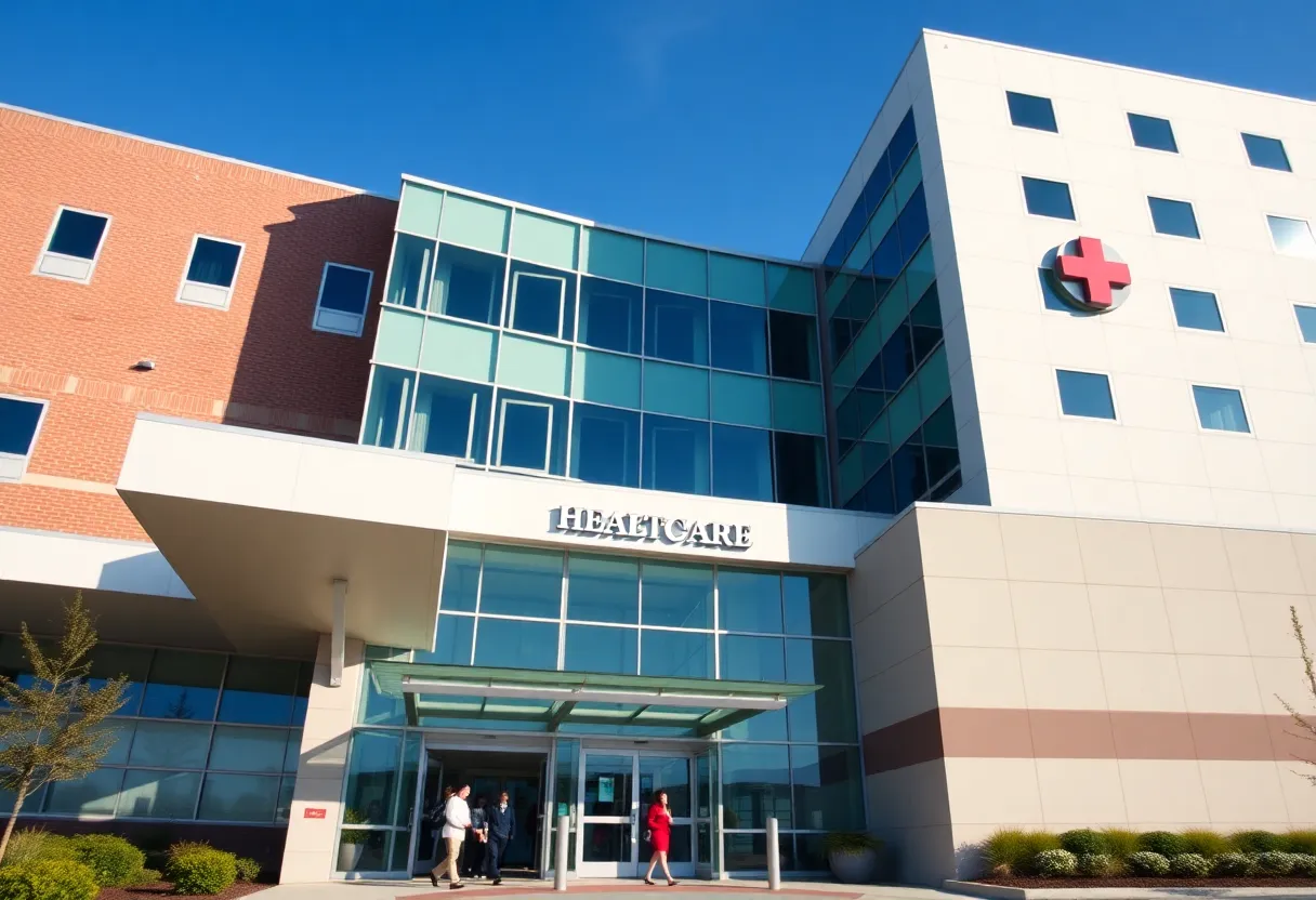Entrance of a hospital in Providence, Rhode Island with people entering and exiting.
