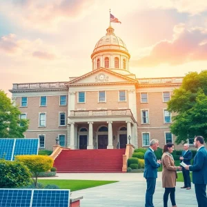 Rhode Island statehouse with symbols of economic growth and investment