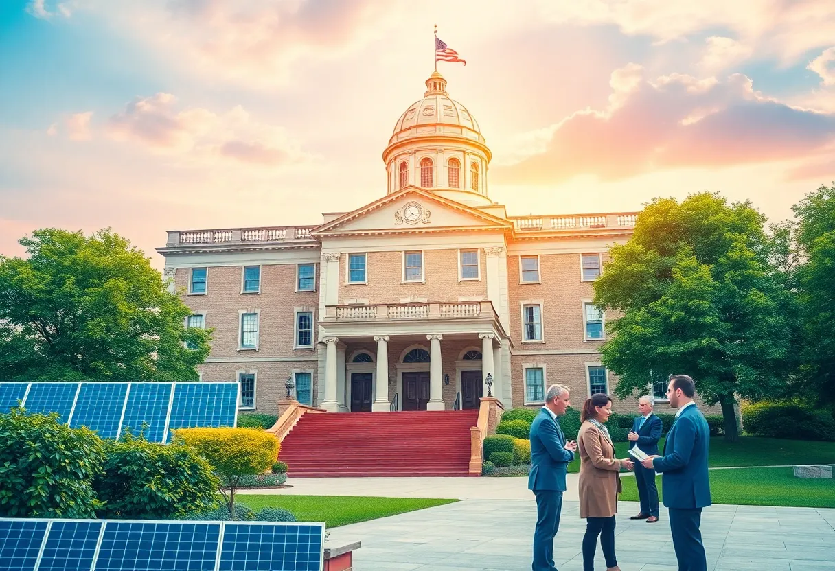 Rhode Island statehouse with symbols of economic growth and investment