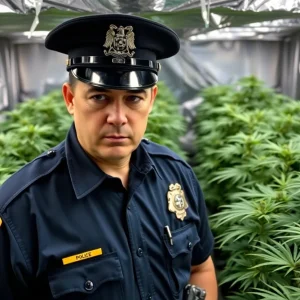 Police inspecting illegal marijuana plants during a raid in Rhode Island.