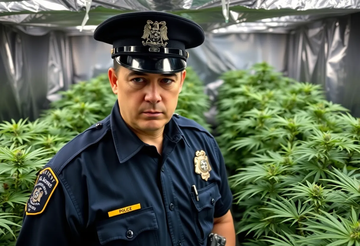 Police inspecting illegal marijuana plants during a raid in Rhode Island.