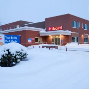 A winter view of a medical facility in Rhode Island covered in snow.