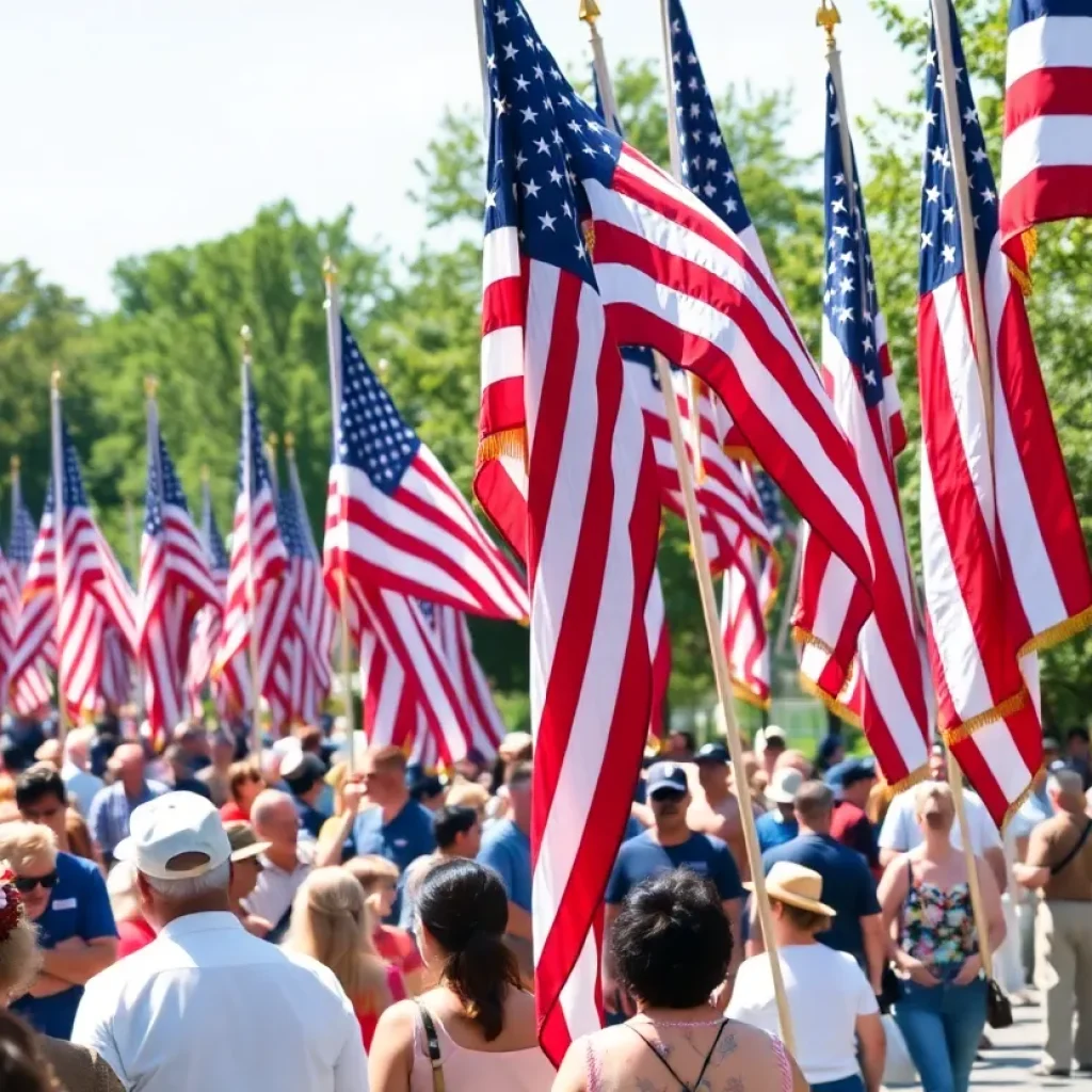 Memorial Day parade in Rhode Island with flags and people