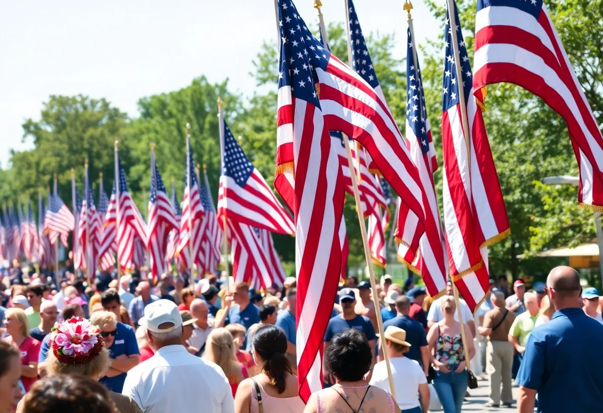 Memorial Day parade in Rhode Island with flags and people