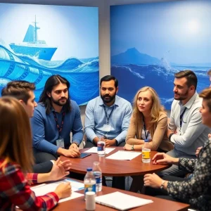 Workshop of bluetech startups collaborating at the Ocean Enterprise Accelerator in Rhode Island.