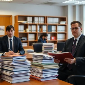 Public defenders surrounded by legal files in Rhode Island office