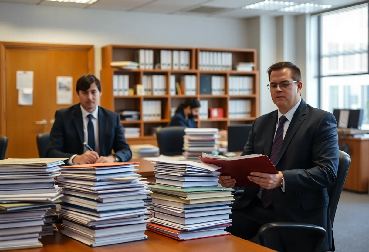 Public defenders surrounded by legal files in Rhode Island office