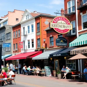 A lively scene of local restaurants in Rhode Island with diners enjoying their meals.