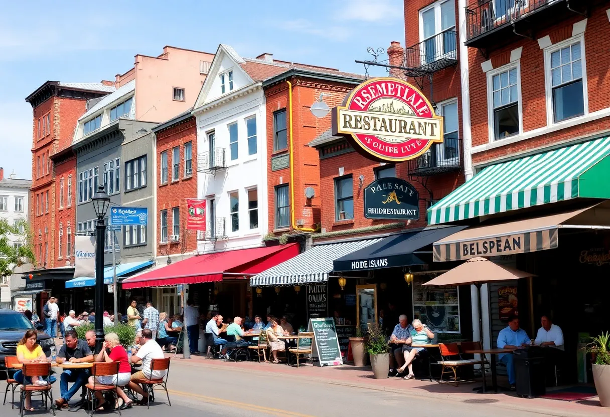A lively scene of local restaurants in Rhode Island with diners enjoying their meals.