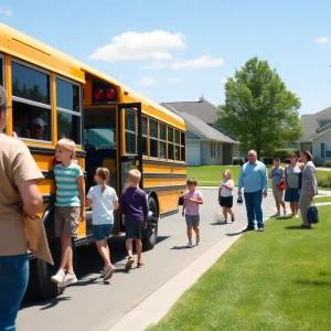 School bus in a suburban area with children boarding
