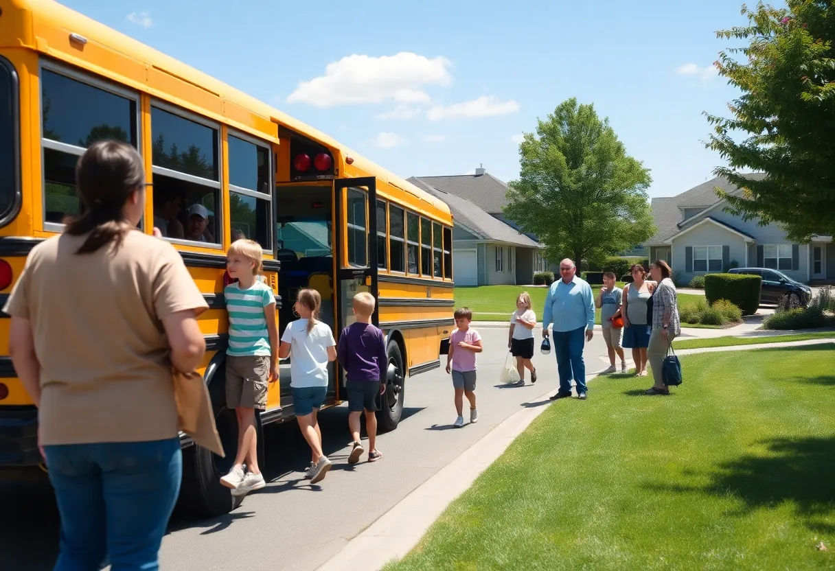 School bus in a suburban area with children boarding