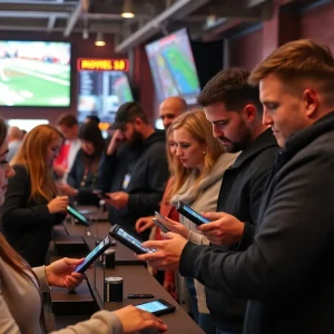 A diverse group of individuals engaging in sports betting activities in Rhode Island.