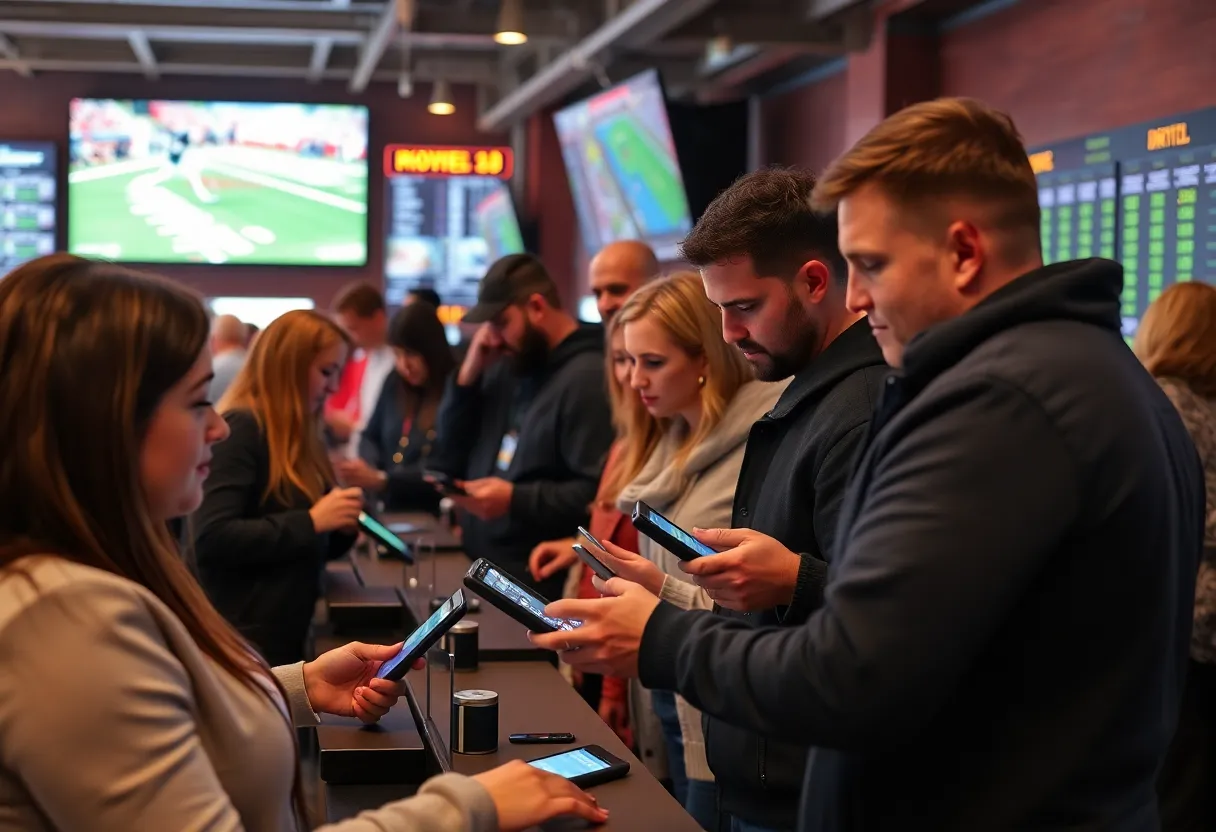 A diverse group of individuals engaging in sports betting activities in Rhode Island.